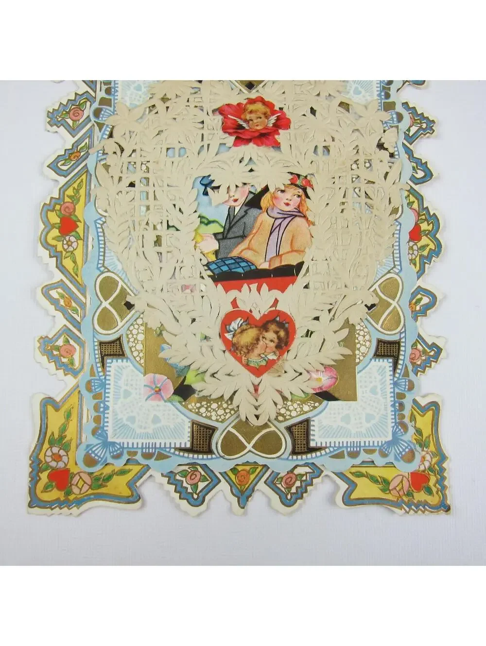Antique Valentine Blonde Girl & Boy Drive Old Car Flowers Embossed Boat UNSIGNED